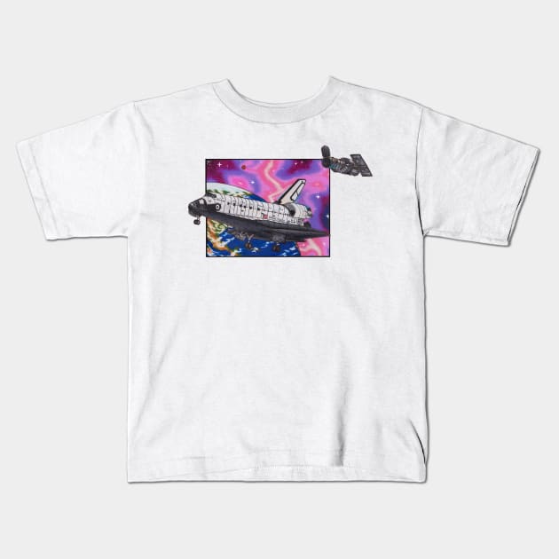 Space Shuttle Discovery and Hubble Kids T-Shirt by Tenkaichi_Art